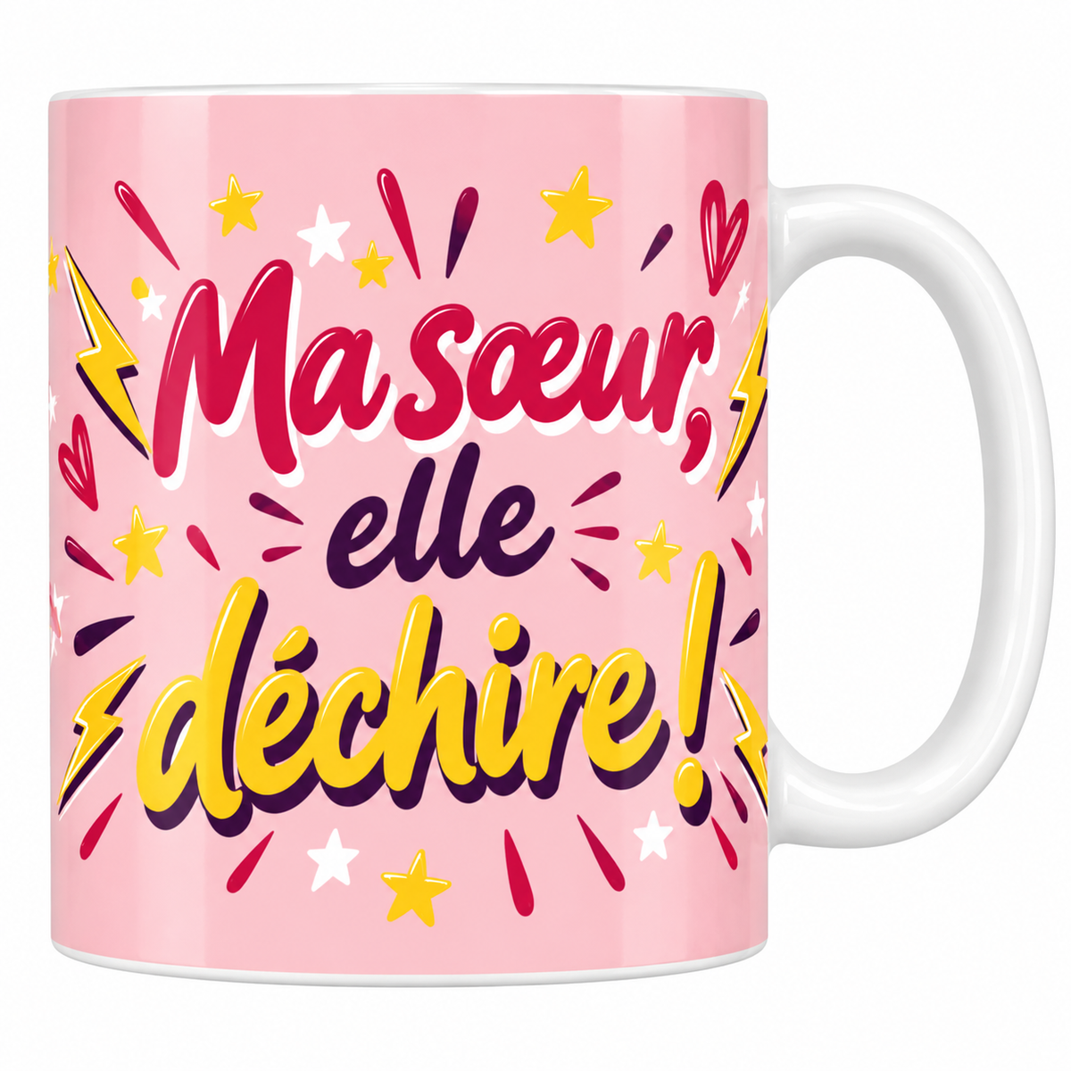Mug rose Ma sœur elle déchire avec éclairs jaunes, étoiles et cœurs