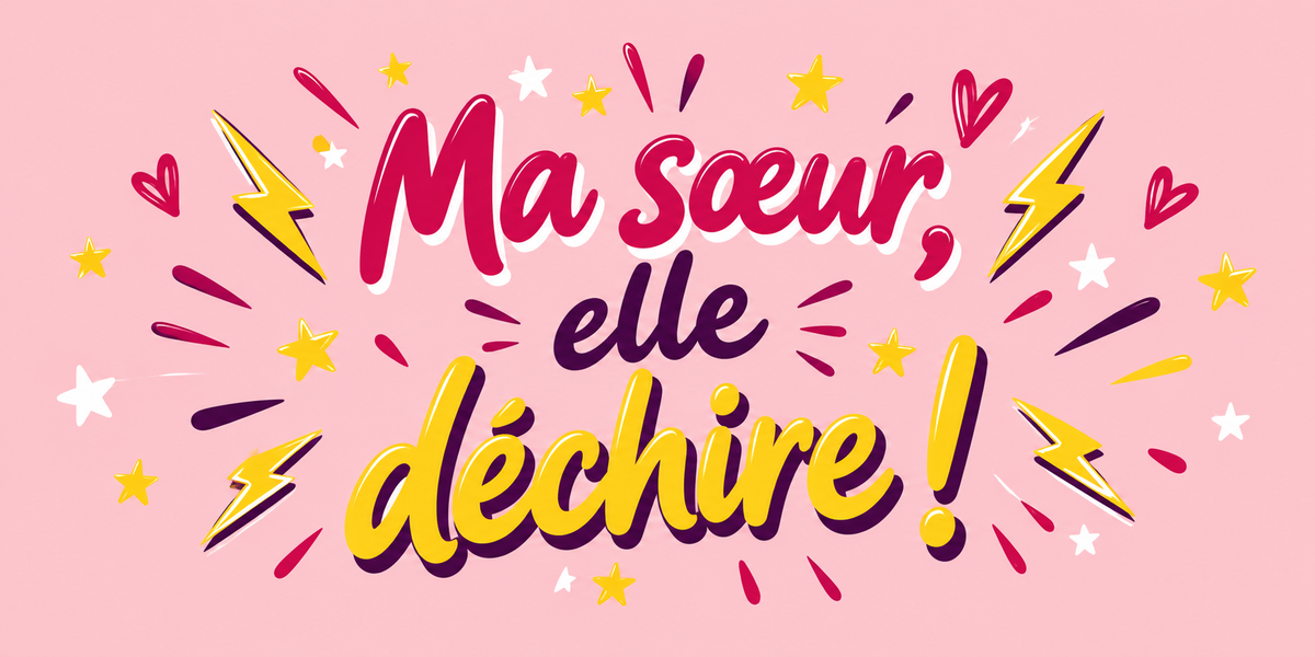 Visuel pop rose avec éclairs jaunes, étoiles, cœurs et texte Ma sœur, elle déchire !