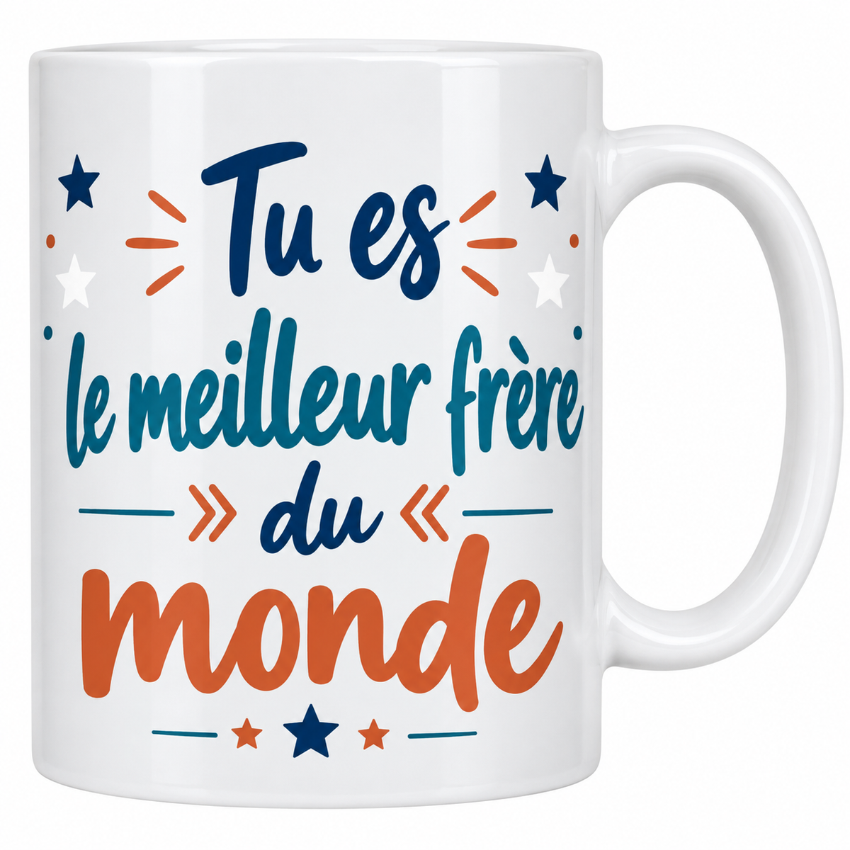 Mug bleu clair Tu es le meilleur frère du monde en lettrage bleu marine et orange avec étoiles