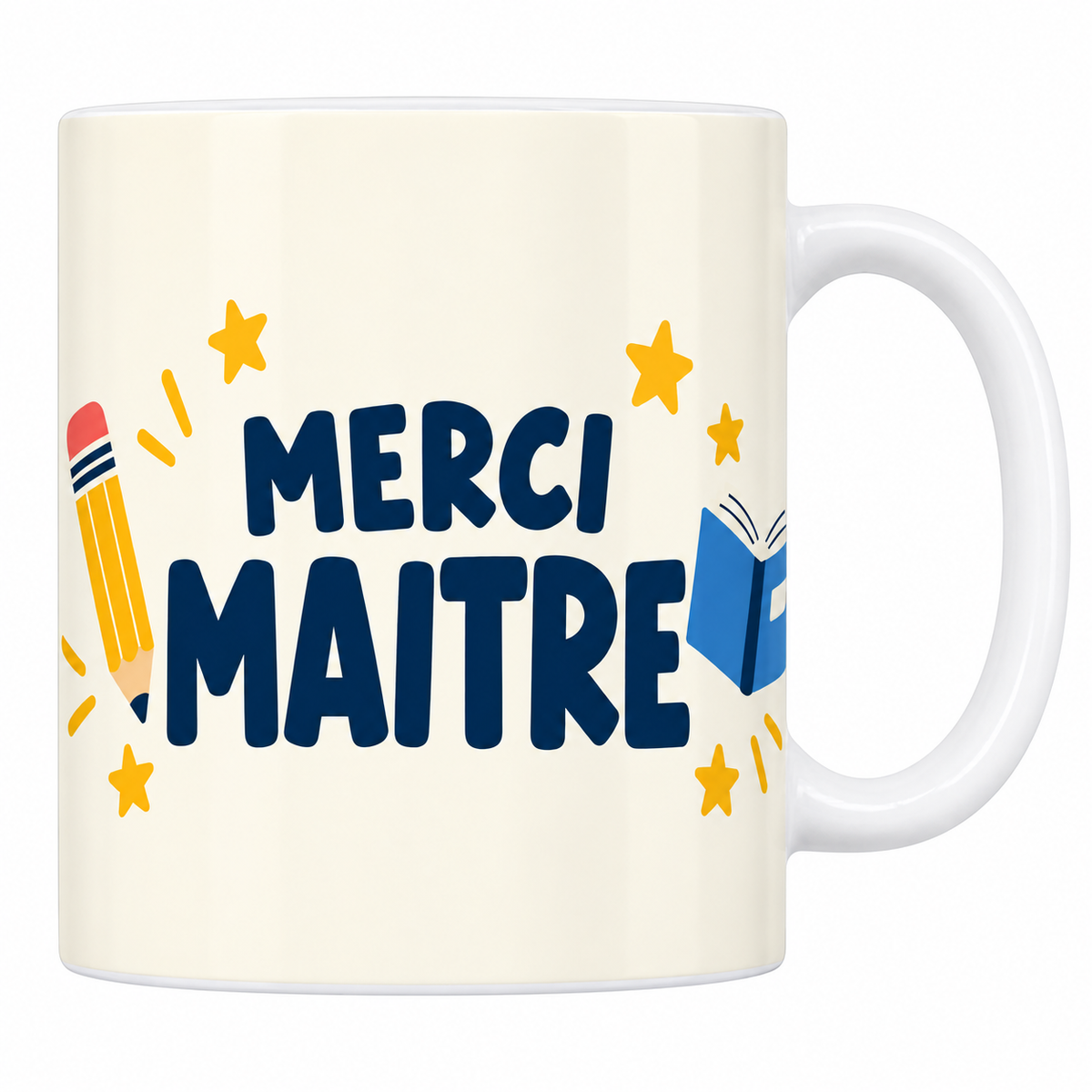 Mug crème Merci Maître en lettrage bleu marine avec crayon jaune, livre ouvert et étoiles