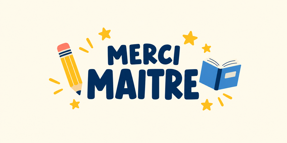 Visuel illustré Merci Maître avec crayon à papier jaune, livre ouvert bleu et étoiles