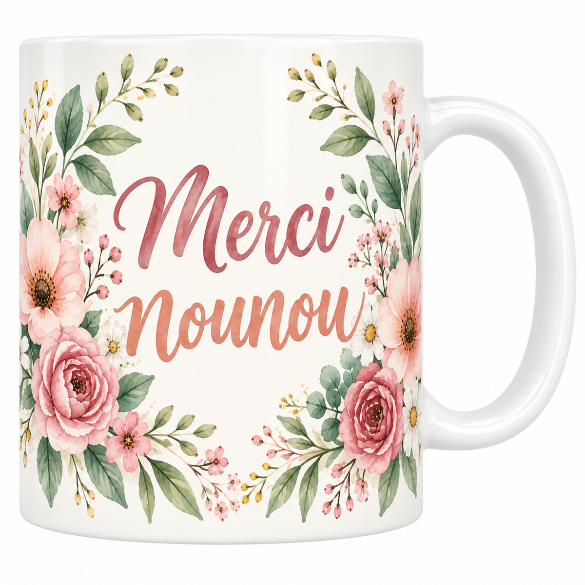 Mug crème Merci nounou en lettrage cuivré avec couronne de roses poudrées aquarelle