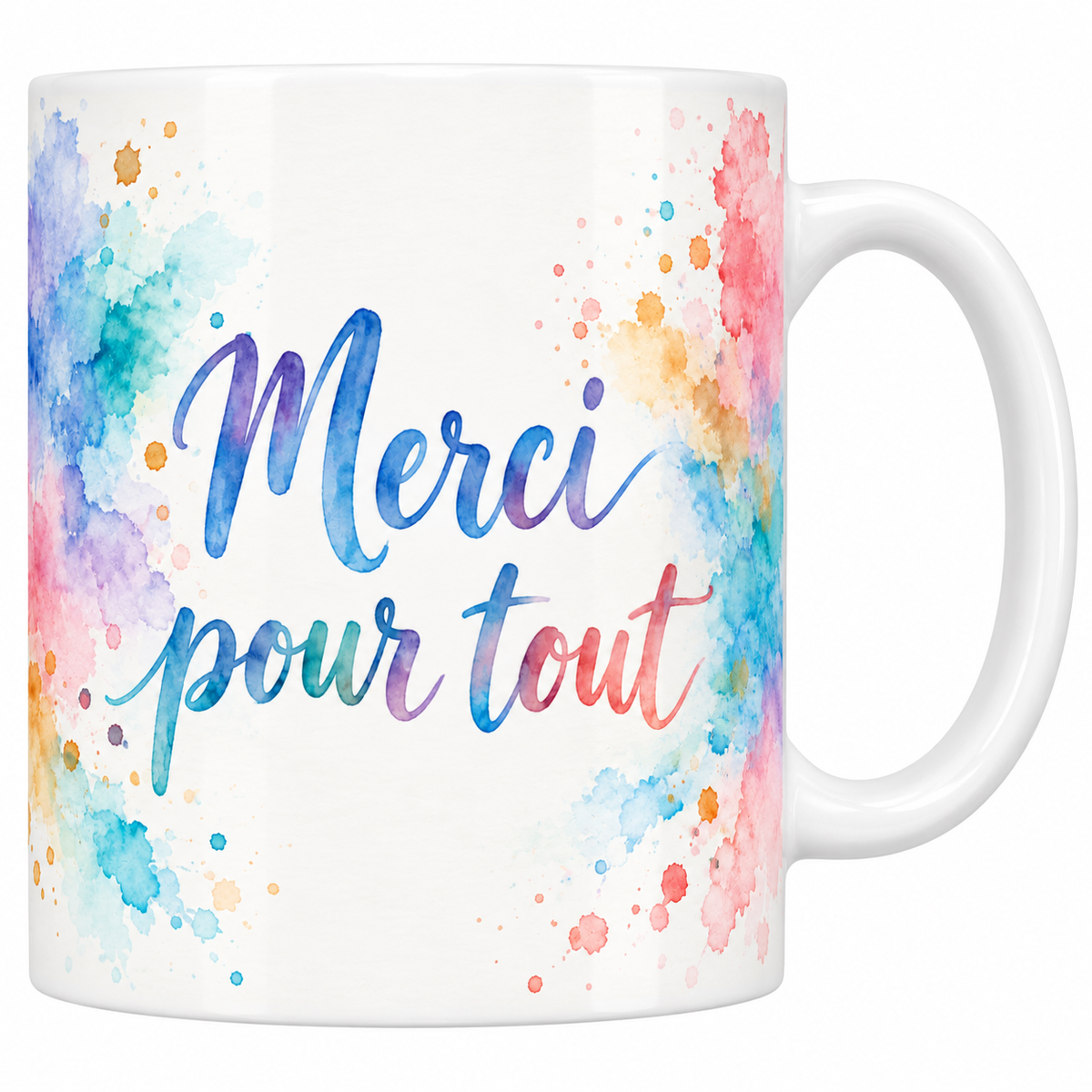 Mug blanc Merci pour tout en calligraphie bleue sur éclaboussures aquarelle pastel multicolores