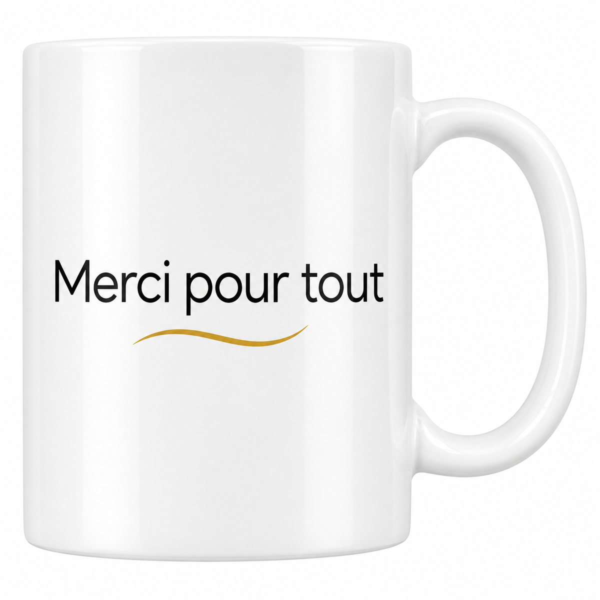 Mug blanc épuré Merci pour tout en lettrage noir fin souligné d'une volute dorée