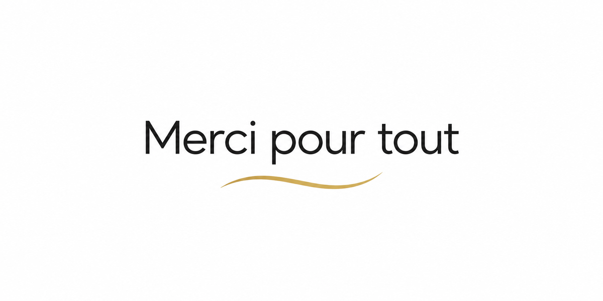 Visuel minimaliste Merci pour tout en caractères noirs fins avec trait doré ondulé sur fond blanc