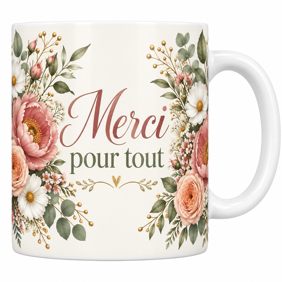 Mug crème Merci pour tout avec bouquets de roses pêche et anemones aquarelle