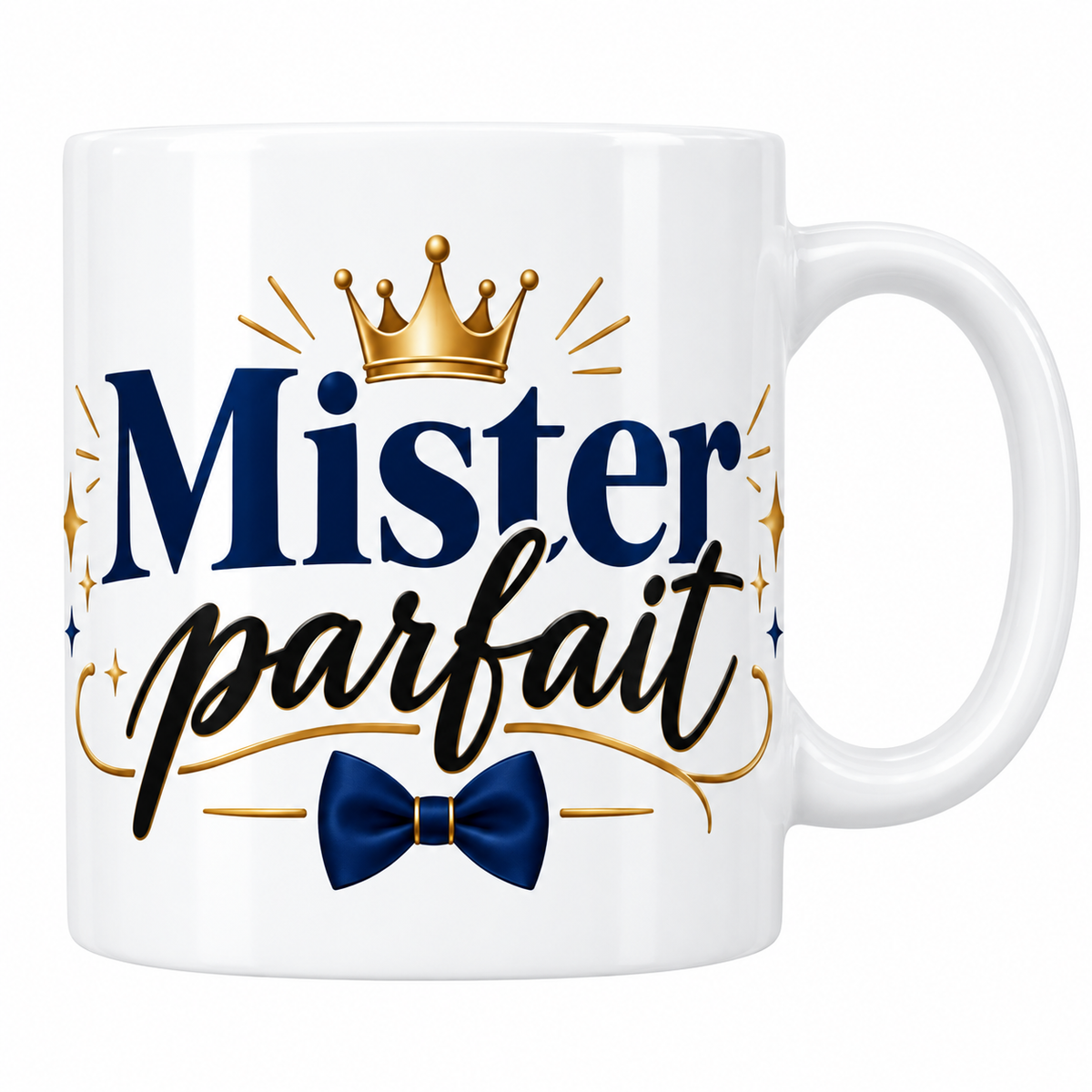 Mug blanc Le Roi de la maison en lettrage bleu marine avec couronne dorée et nœud papillon
