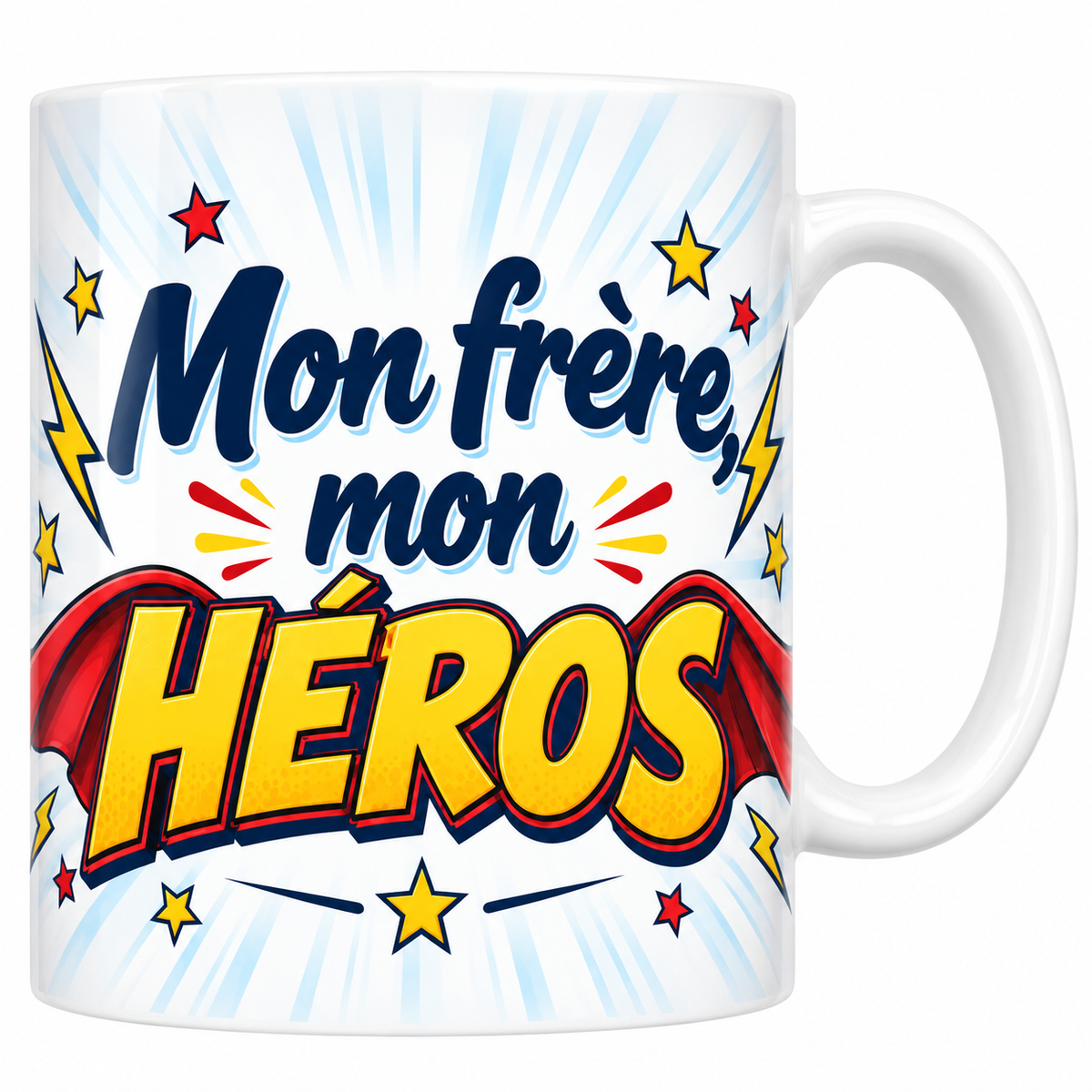 Mug blanc Mon frère mon héros avec cape rouge, éclairs et étoiles jaunes