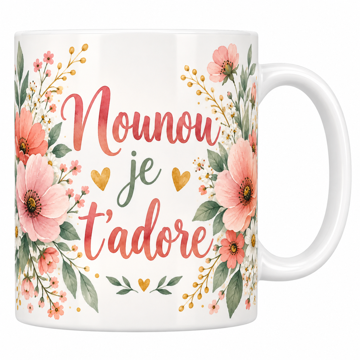 Mug crème Nounou je t'adore en lettrage corail et vert avec fleurs aquarelle et cœurs dorés