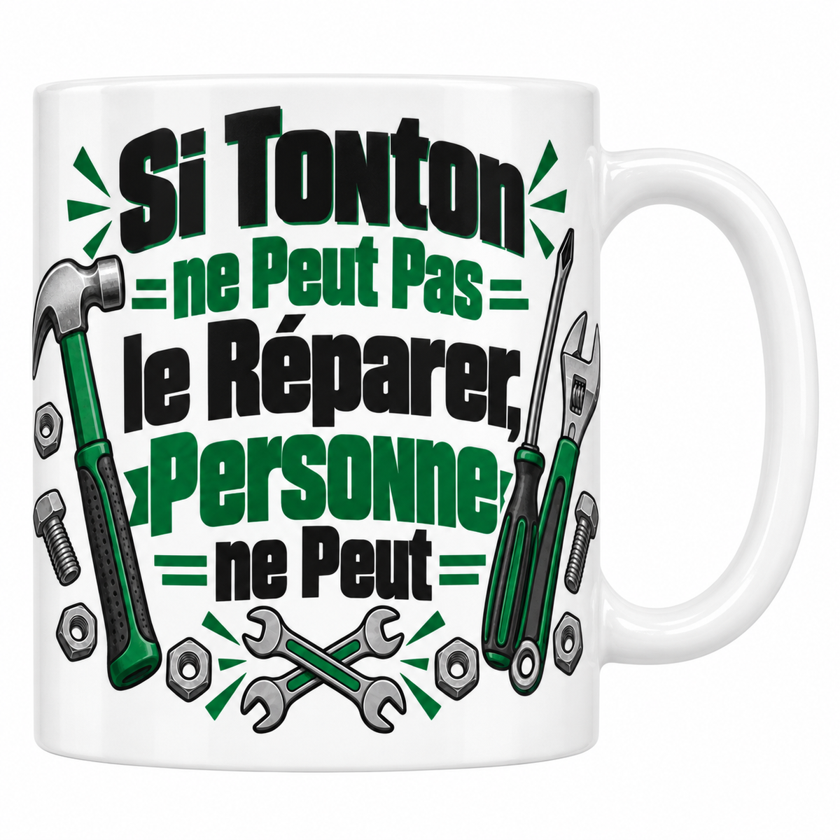 Mug blanc Si Tonton ne peut pas le réparer, personne ne peut, avec outils verts et gris