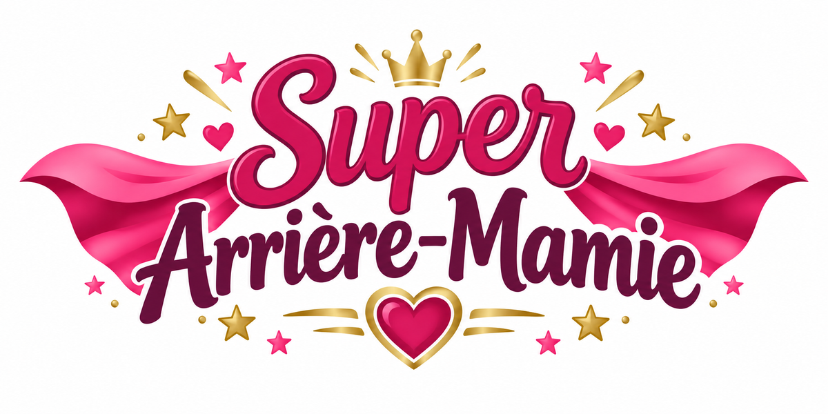 Visuel illustré Super Arrière-Mamie avec cape rose, couronne dorée, cœur et étoiles