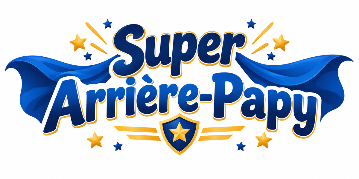 Visuel illustré Super Arrière-Papy avec cape bleue, écusson et étoiles dorées sur fond blanc