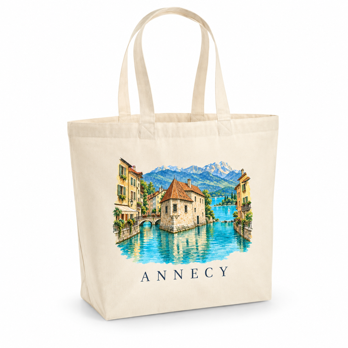 Tote bag Annecy Premium, cabas à soufflet en coton naturel 200 g/m² de 18 litres, illustration aquarelle du Palais de l'Île et du lac