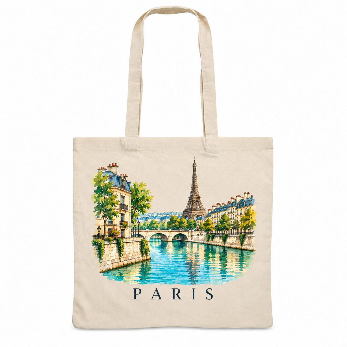 Tote bag Paris Essentiel, sac plat en coton naturel 140 g/m² de 38 × 42 cm, illustration aquarelle de la tour Eiffel et de la Seine