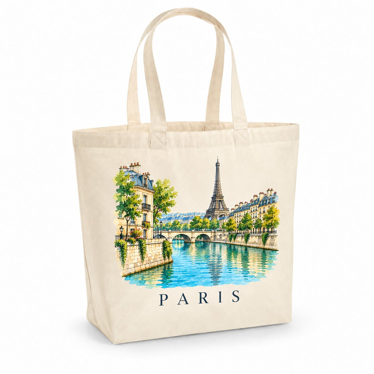 Tote bag Paris Premium, cabas à soufflet en coton naturel 200 g/m² de 18 litres, illustration aquarelle de la tour Eiffel et de la Seine