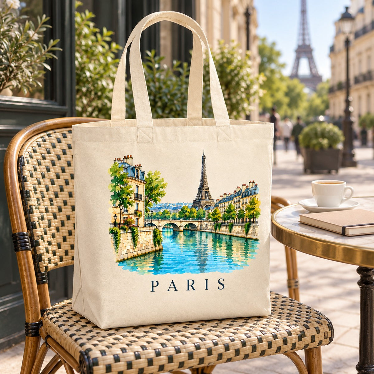 Tote bag Paris Premium posé sur une chaise en rotin à la terrasse d'un café, avec un expresso