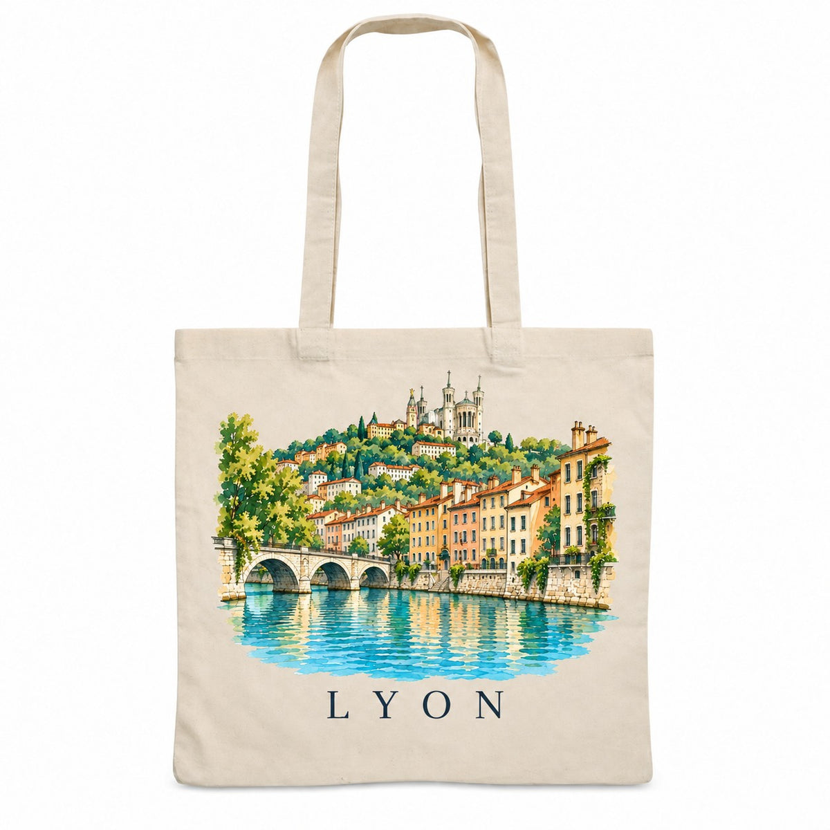 Tote bag Lyon Essentiel, sac plat en coton naturel 140 g/m² de 38 × 42 cm, illustration aquarelle de Fourvière et des façades du Vieux-Lyon