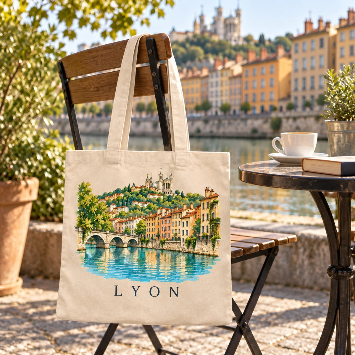 Tote bag Lyon Essentiel suspendu à une chaise en terrasse au bord de la Saône, basilique de Fourvière au loin