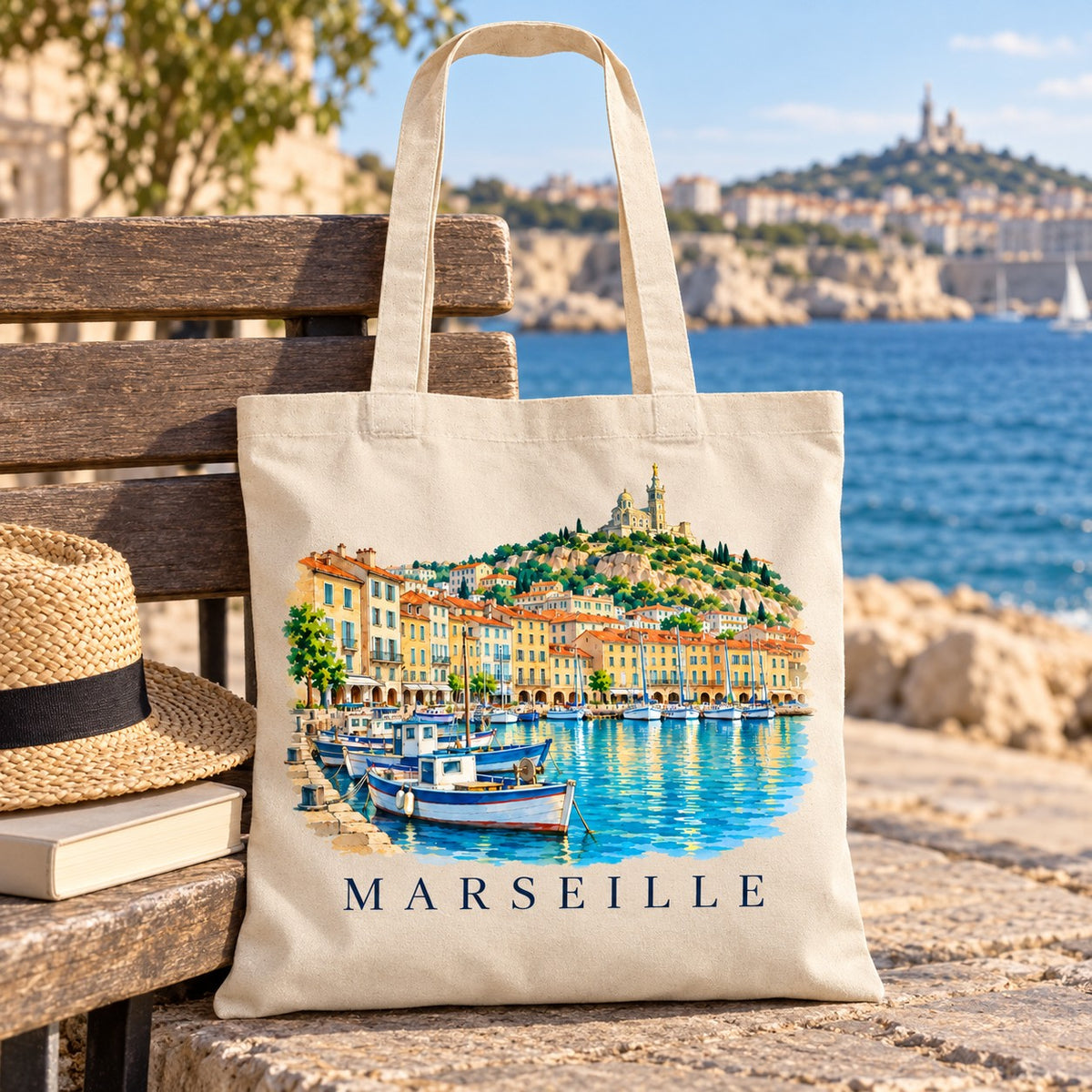 Tote bag Marseille Essentiel posé sur un banc en bord de mer avec un chapeau de paille et un livre