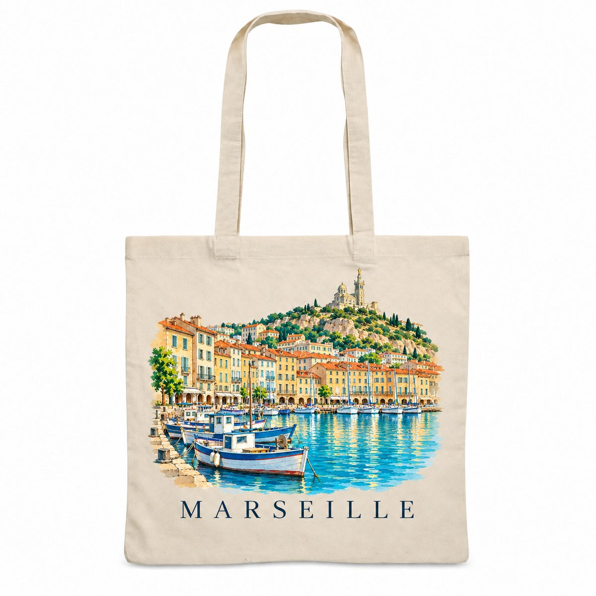 Tote bag Marseille Essentiel, sac plat en coton naturel 140 g/m² de 38 × 42 cm, illustration aquarelle de Notre-Dame de la Garde et du Vieux-Port