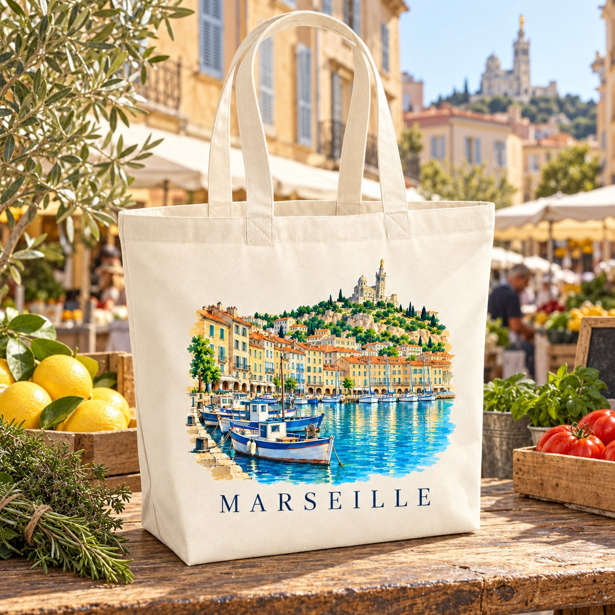 Tote bag Marseille Premium posé sur un étal de marché provençal avec des citrons, des tomates et des herbes