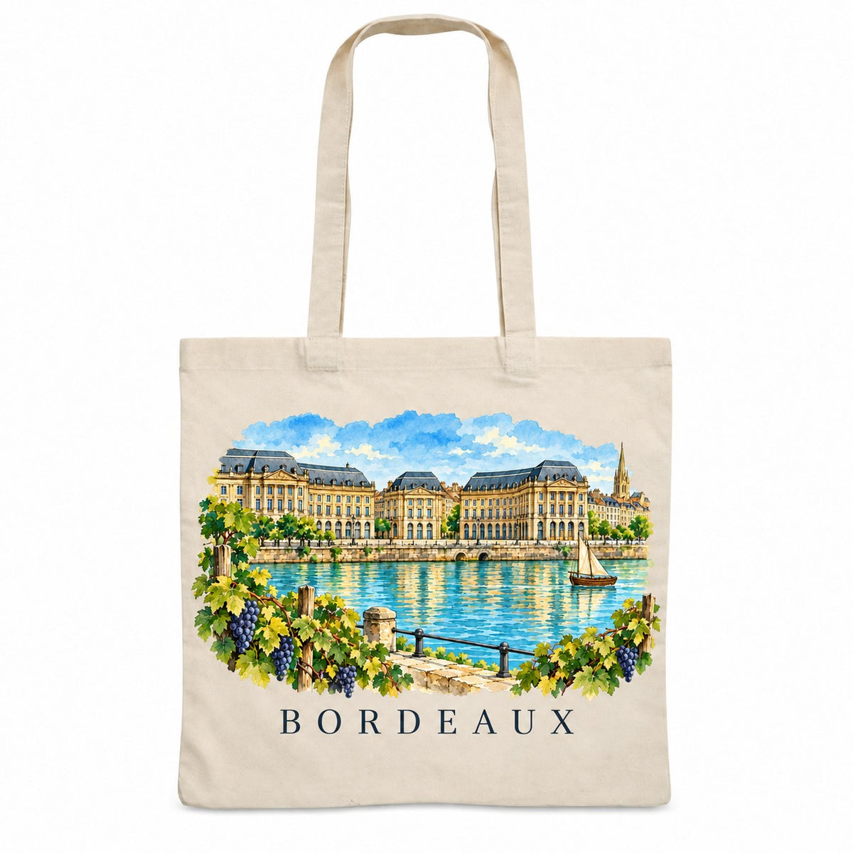 Tote bag Bordeaux Essentiel, sac plat en coton naturel 140 g/m² de 38 × 42 cm, illustration aquarelle de la place de la Bourse, de la Garonne et des vignes