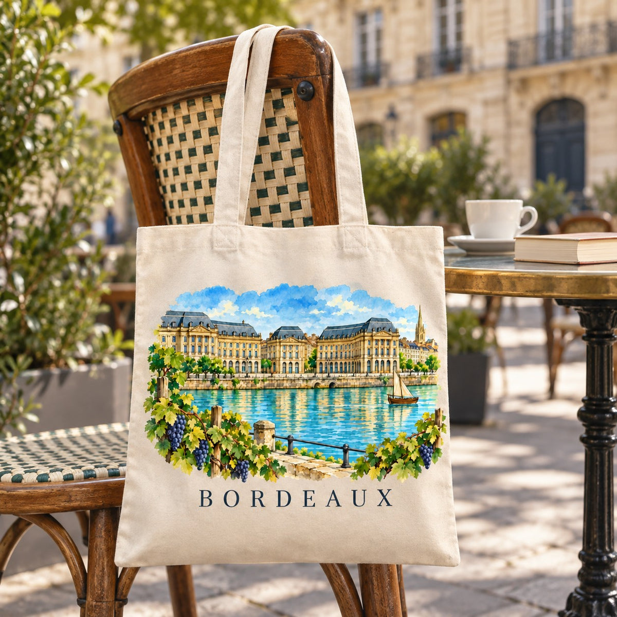 Tote bag Bordeaux Essentiel suspendu à une chaise de bistrot en terrasse, avec une tasse et un livre