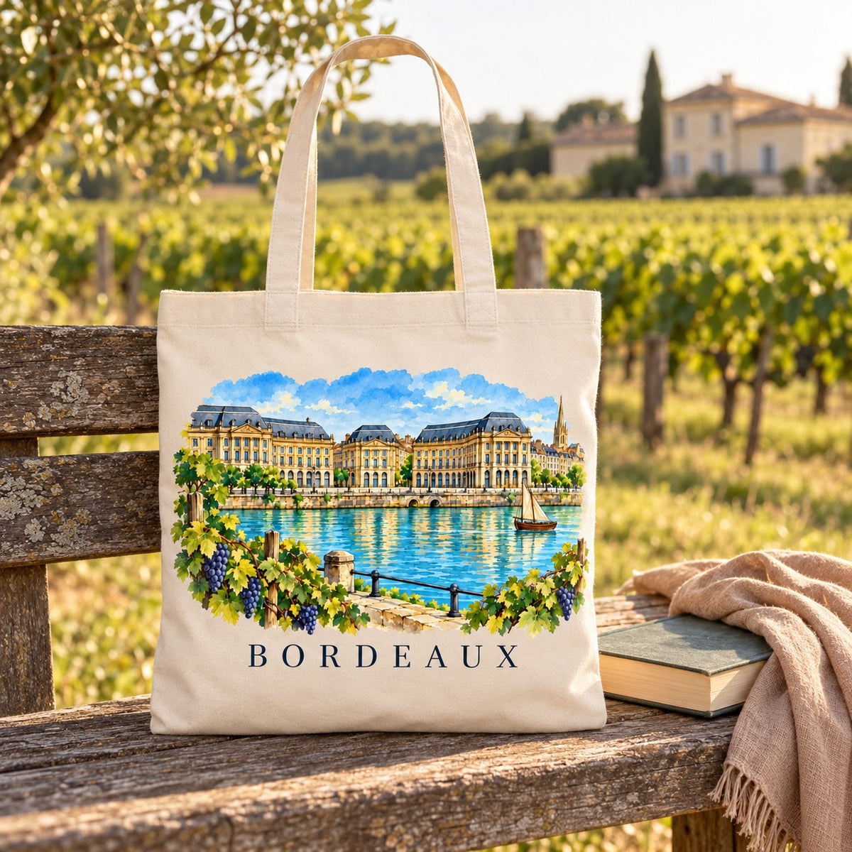 Tote bag Bordeaux Essentiel posé sur un banc en bois au bord d'un vignoble