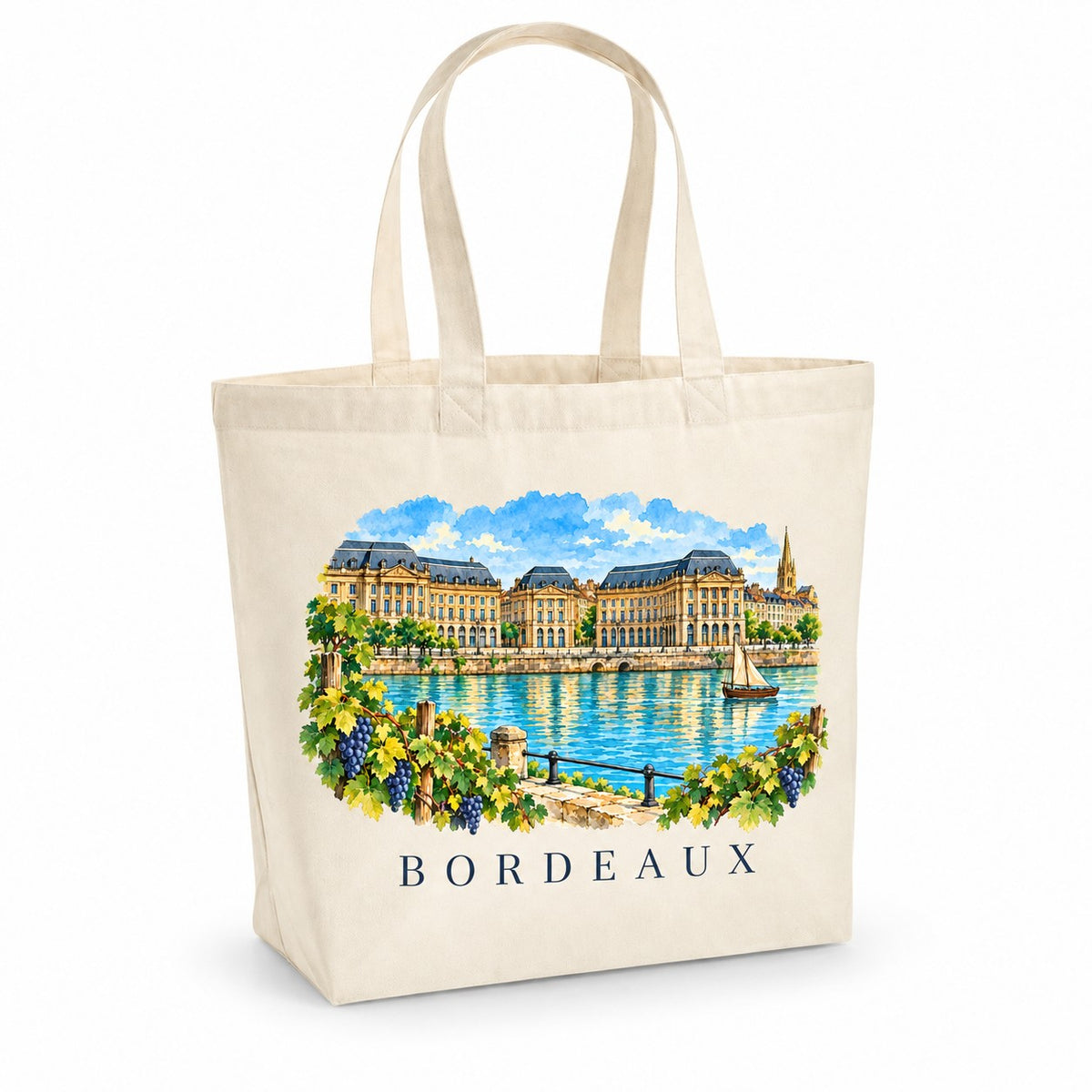 Tote bag Bordeaux Premium, cabas à soufflet en coton naturel 200 g/m² de 18 litres, illustration aquarelle de la place de la Bourse, de la Garonne et des vignes