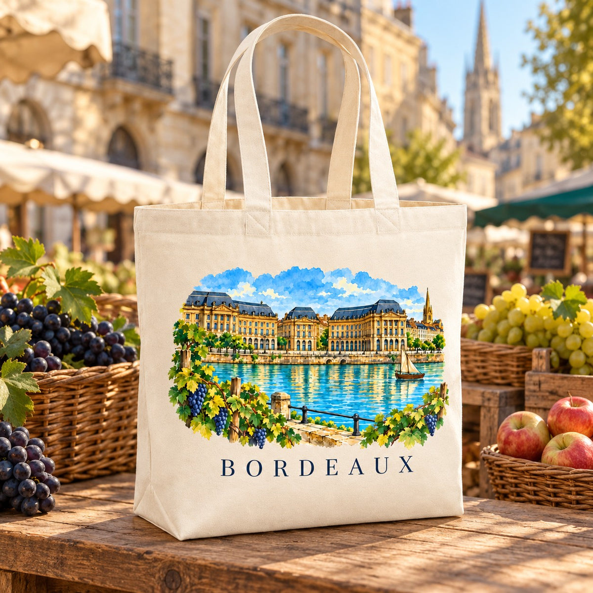 Tote bag Bordeaux Premium posé sur un étal de marché avec des raisins et des pommes