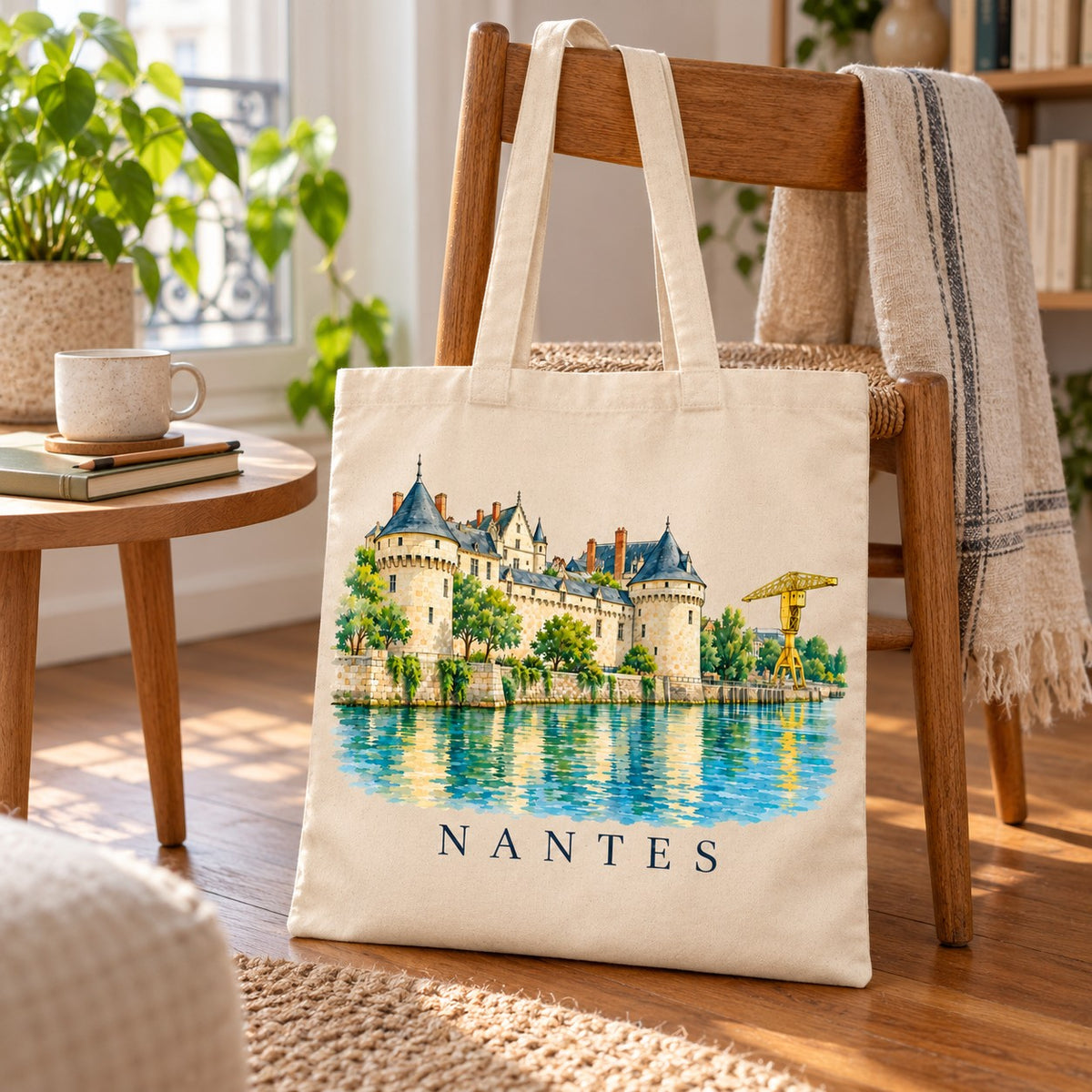 Tote bag Nantes Essentiel suspendu à une chaise dans un appartement lumineux, près d'une fenêtre