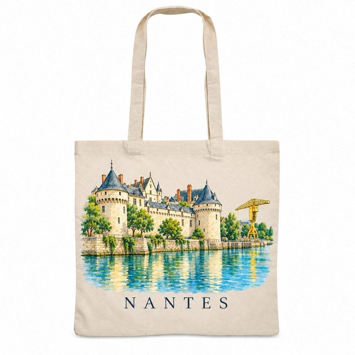 Tote bag Nantes Essentiel, sac plat en coton naturel 140 g/m² de 38 × 42 cm, illustration aquarelle du château des ducs de Bretagne et de la grue jaune