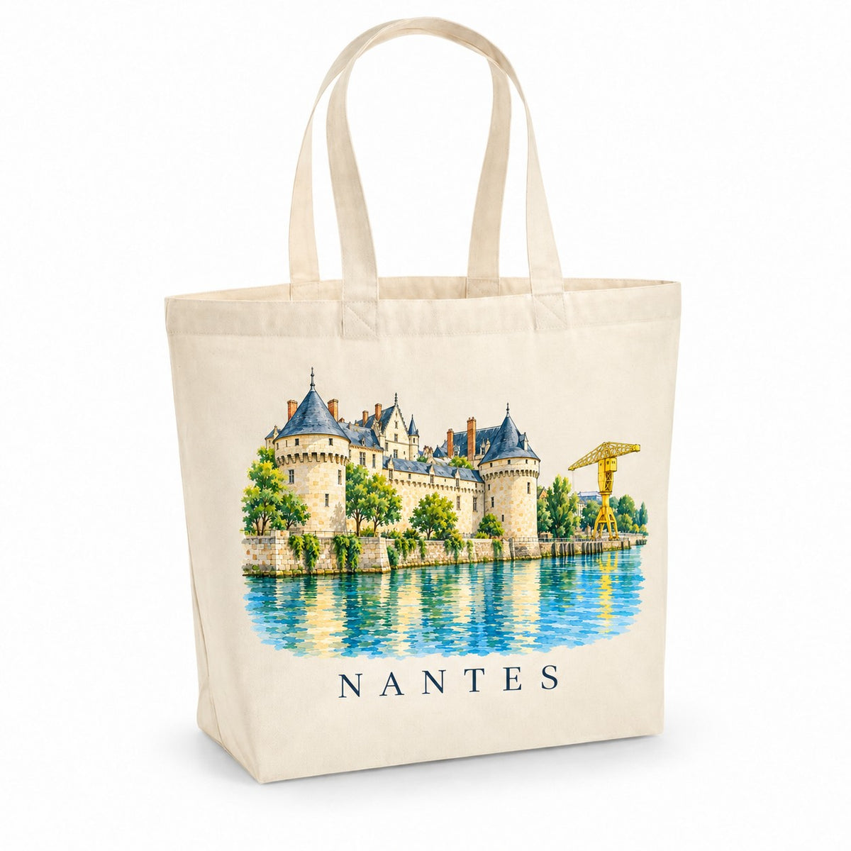 Tote bag Nantes Premium, cabas à soufflet en coton naturel 200 g/m² de 18 litres, illustration aquarelle du château des ducs de Bretagne et de la grue jaune