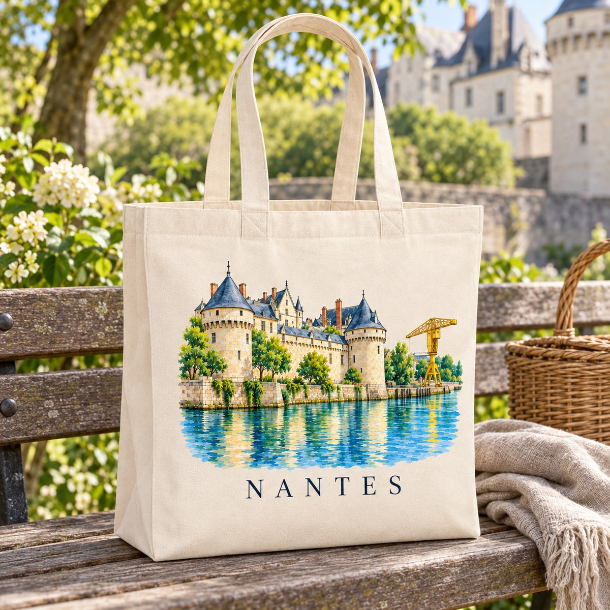 Tote bag Nantes Premium posé sur un banc dans un jardin au pied des remparts du château