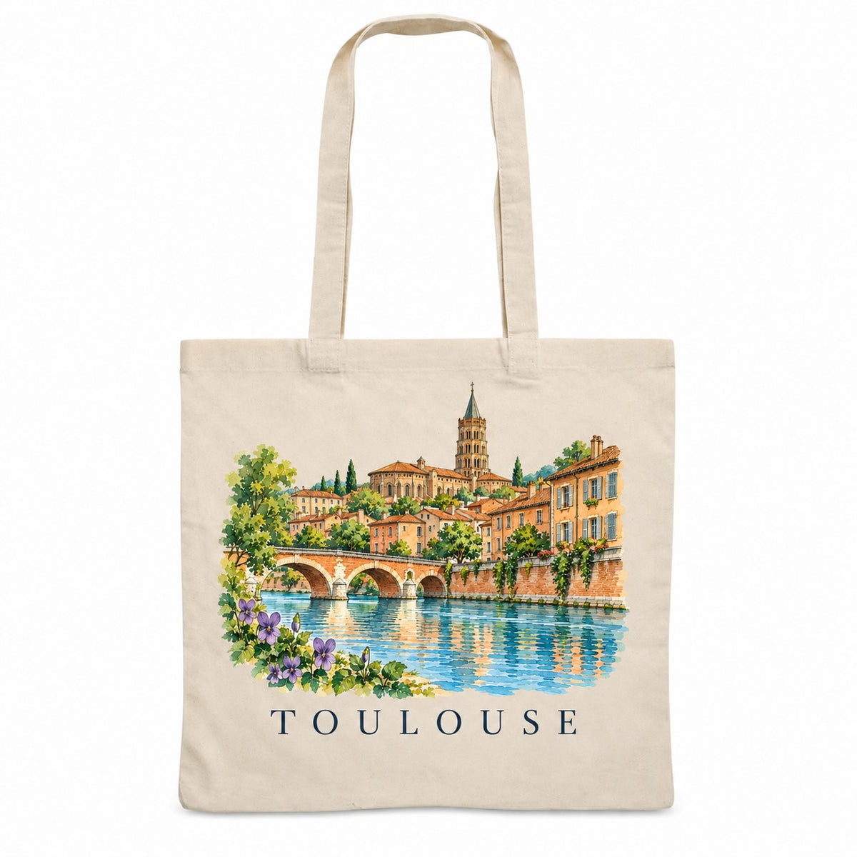 Tote bag Toulouse Essentiel, sac plat en coton naturel 140 g/m² de 38 × 42 cm, illustration aquarelle des briques roses, de Saint-Sernin, du Pont-Neuf et des violettes