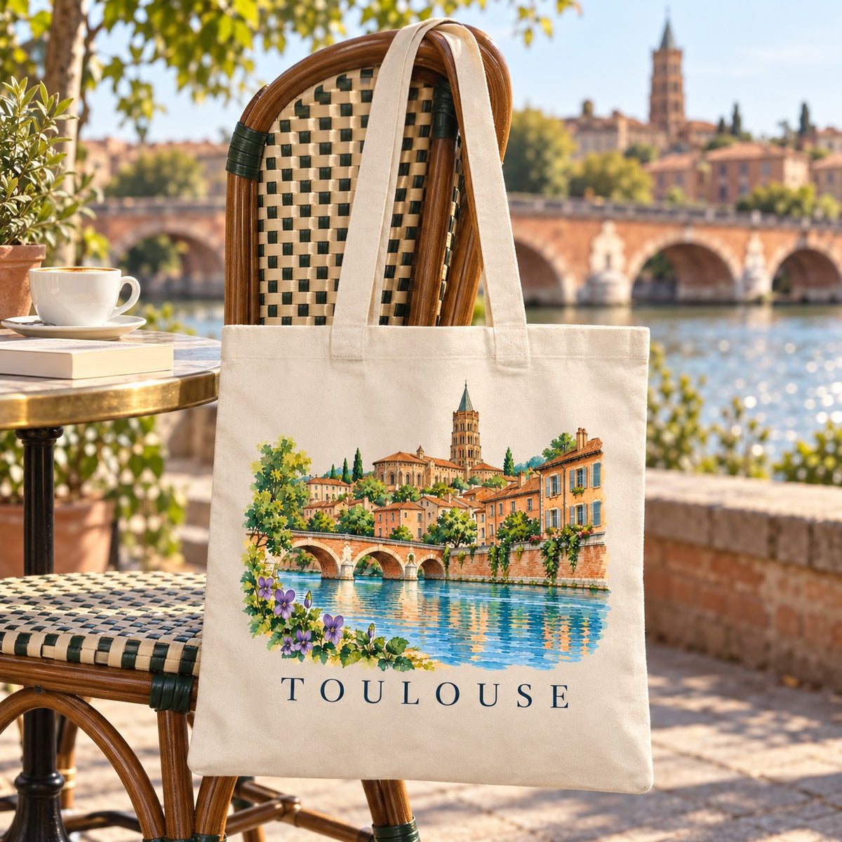 Tote bag Toulouse Essentiel suspendu à une chaise de bistrot en terrasse face à la Garonne et au Pont-Neuf