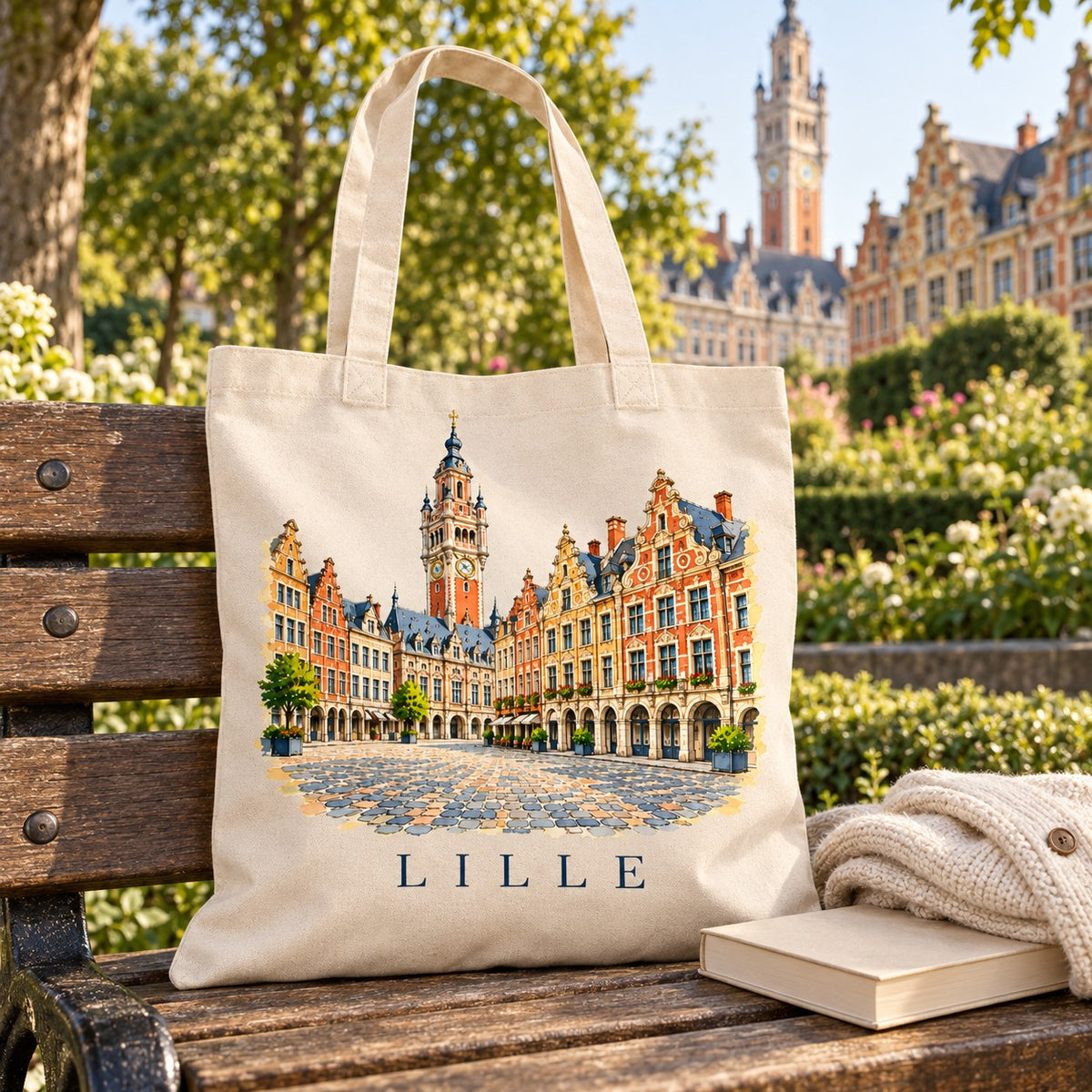 Tote bag Lille Essentiel posé sur un banc dans un parc fleuri, avec un livre et un pull
