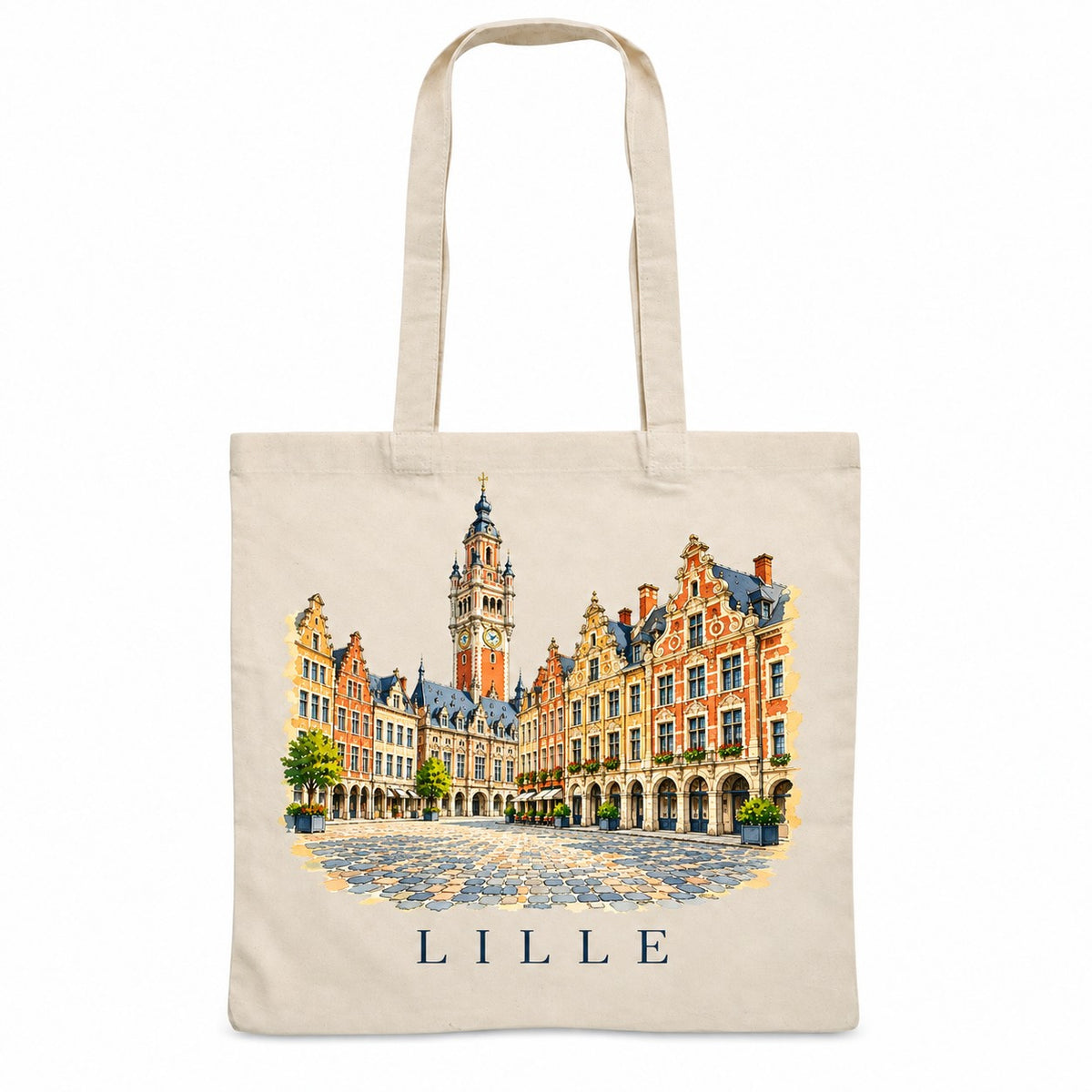 Tote bag Lille Essentiel, sac plat en coton naturel 140 g/m² de 38 × 42 cm, illustration aquarelle du beffroi et des façades flamandes de la Grand-Place