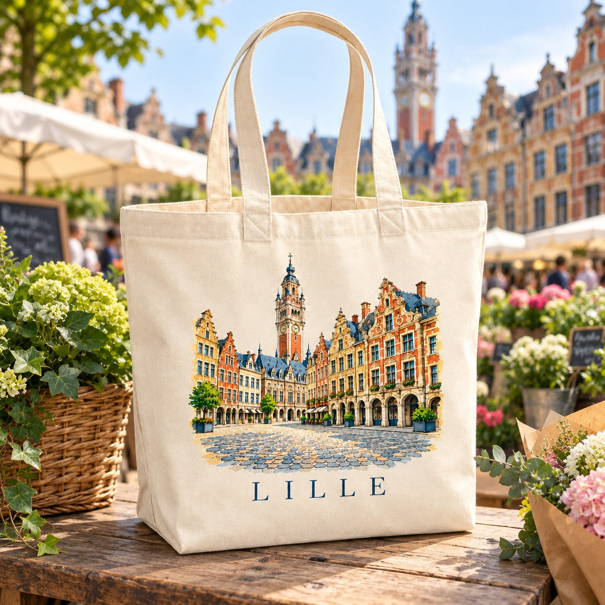 Tote bag Lille Premium posé sur un étal de marché aux fleurs, façades flamandes en arrière-plan