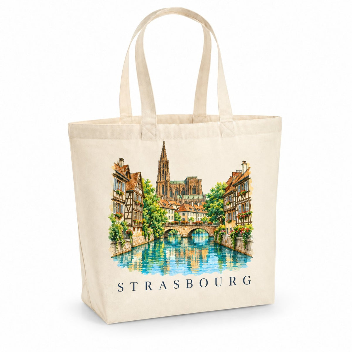 Tote bag Strasbourg Premium, cabas à soufflet en coton naturel 200 g/m² de 18 litres, illustration aquarelle de la cathédrale et des maisons à colombages de la Petite France