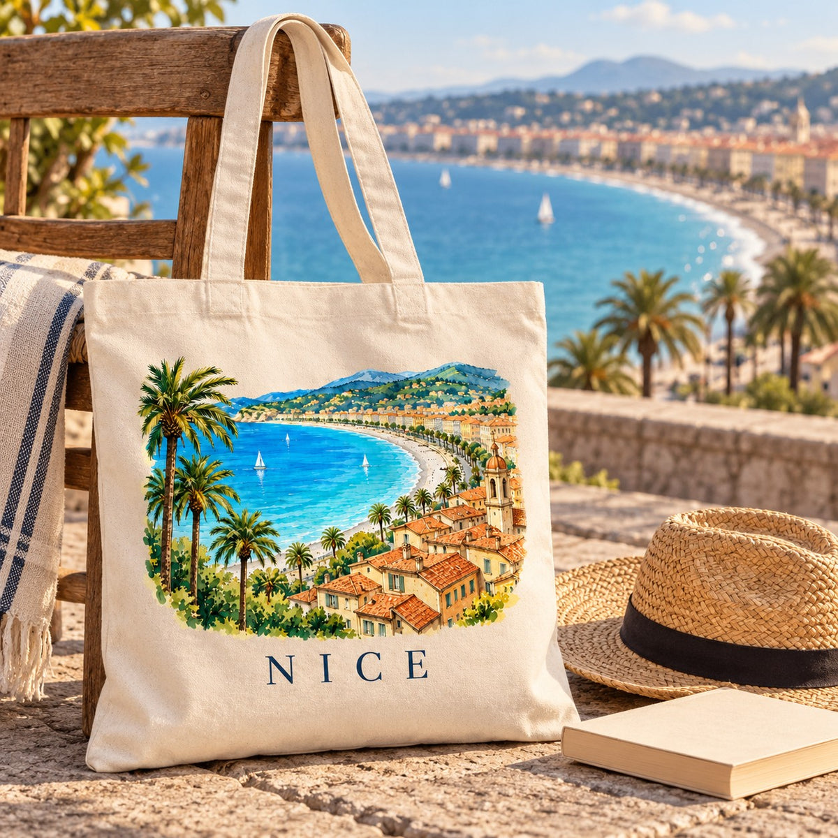 Tote bag Nice Essentiel suspendu à une chaise face à la baie des Anges, avec un chapeau de paille et un livre