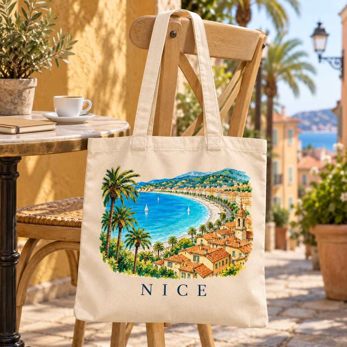 Tote bag Nice Essentiel suspendu à une chaise en terrasse dans une ruelle ocre du Vieux-Nice