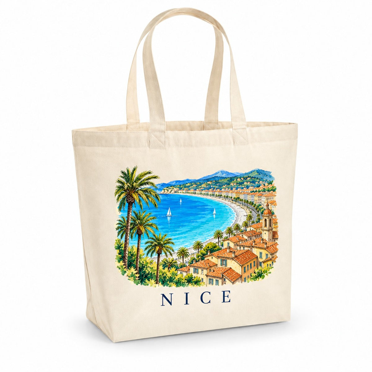 Tote bag Nice Premium, cabas à soufflet en coton naturel 200 g/m² de 18 litres, illustration aquarelle de la baie des Anges, des palmiers et du Vieux-Nice