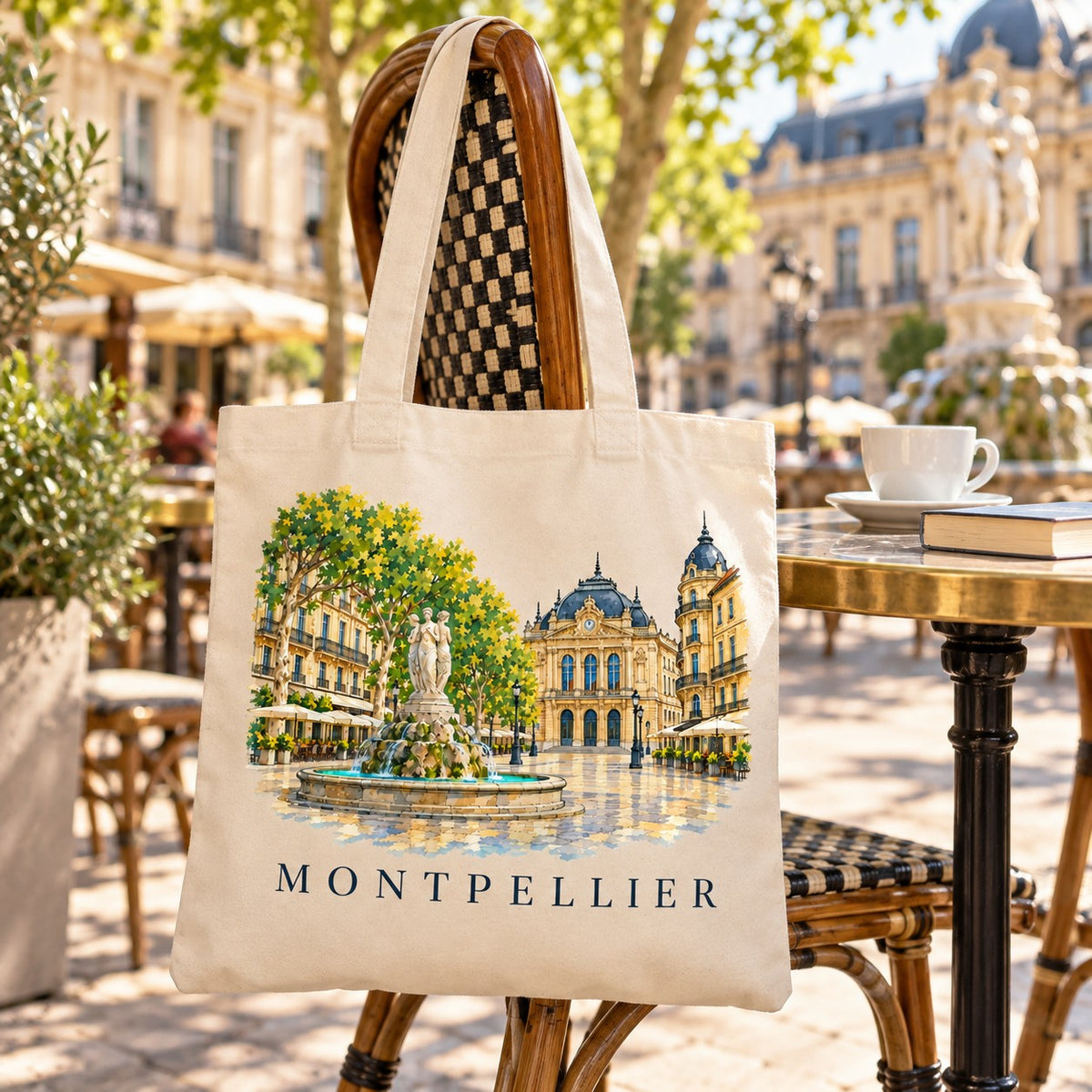 Tote bag Montpellier Essentiel suspendu à une chaise sur la place de la Comédie, avec un café