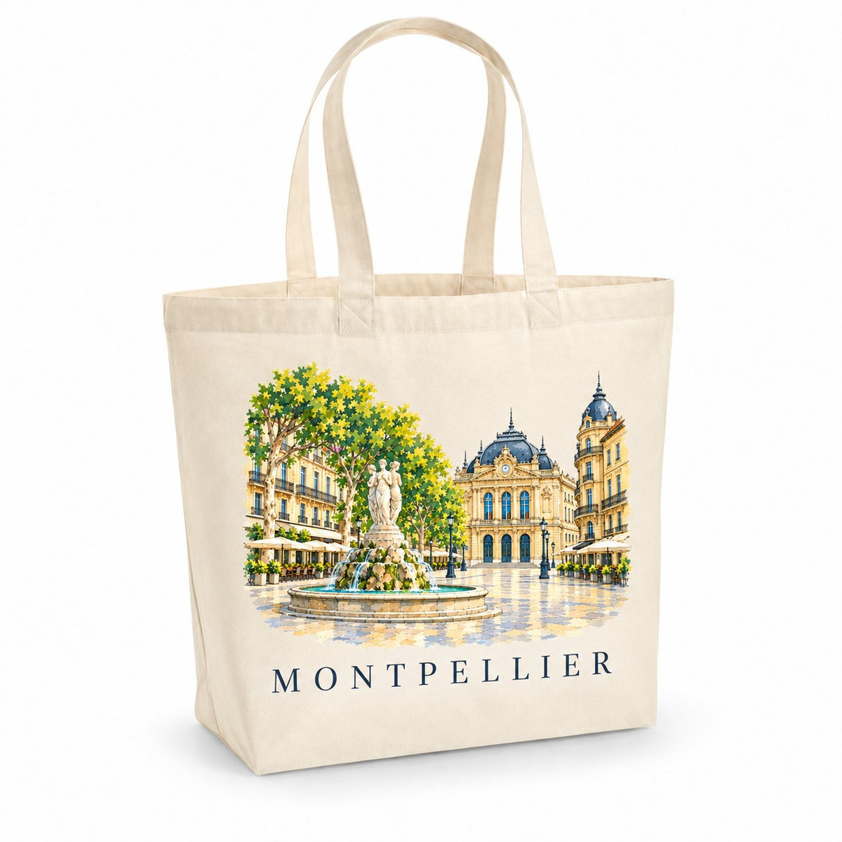 Tote bag Montpellier Premium, cabas à soufflet en coton naturel 200 g/m² de 18 litres, illustration aquarelle de la place de la Comédie et de la fontaine des Trois Grâces
