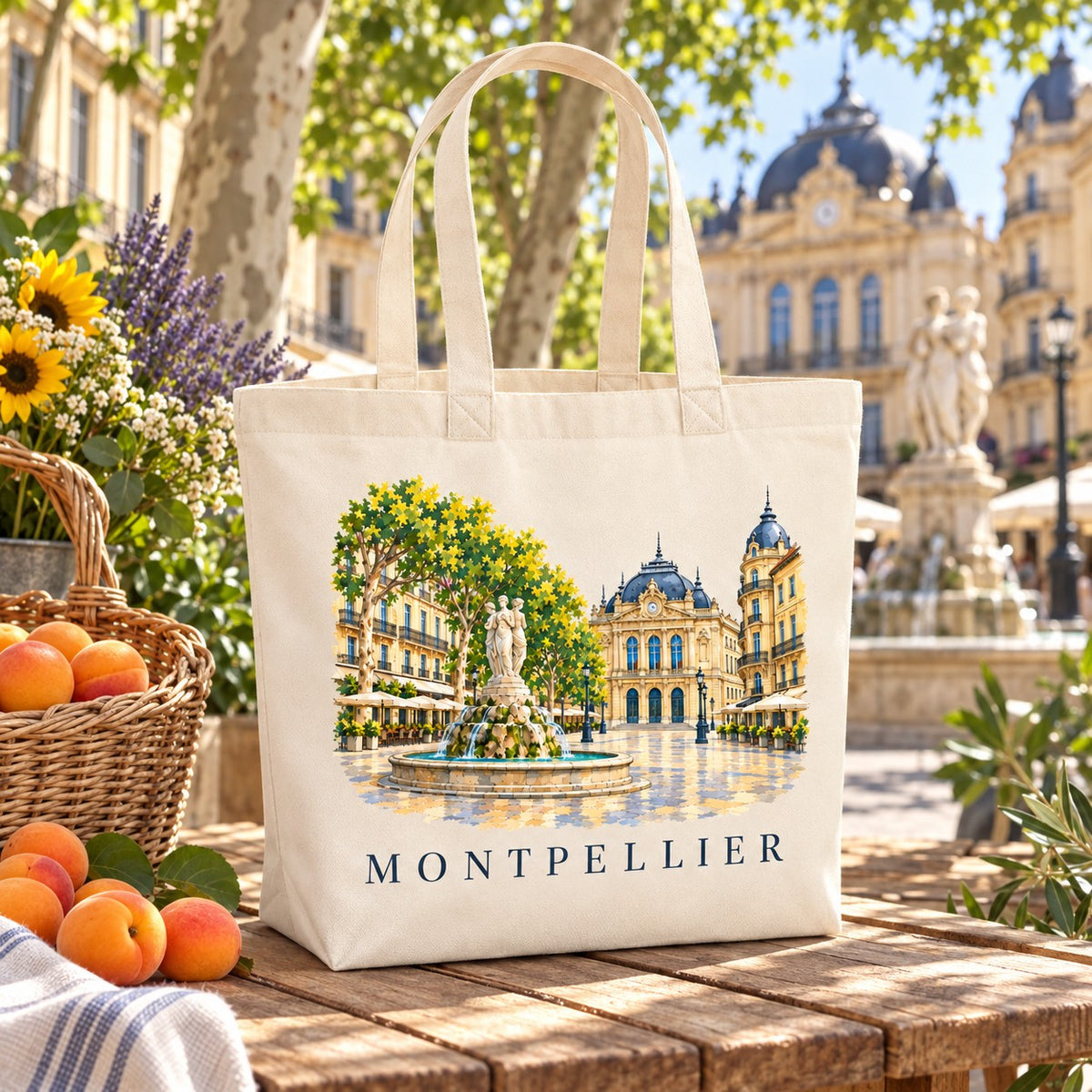 Tote bag Montpellier Premium posé sur un étal de marché avec des abricots, de la lavande et des tournesols