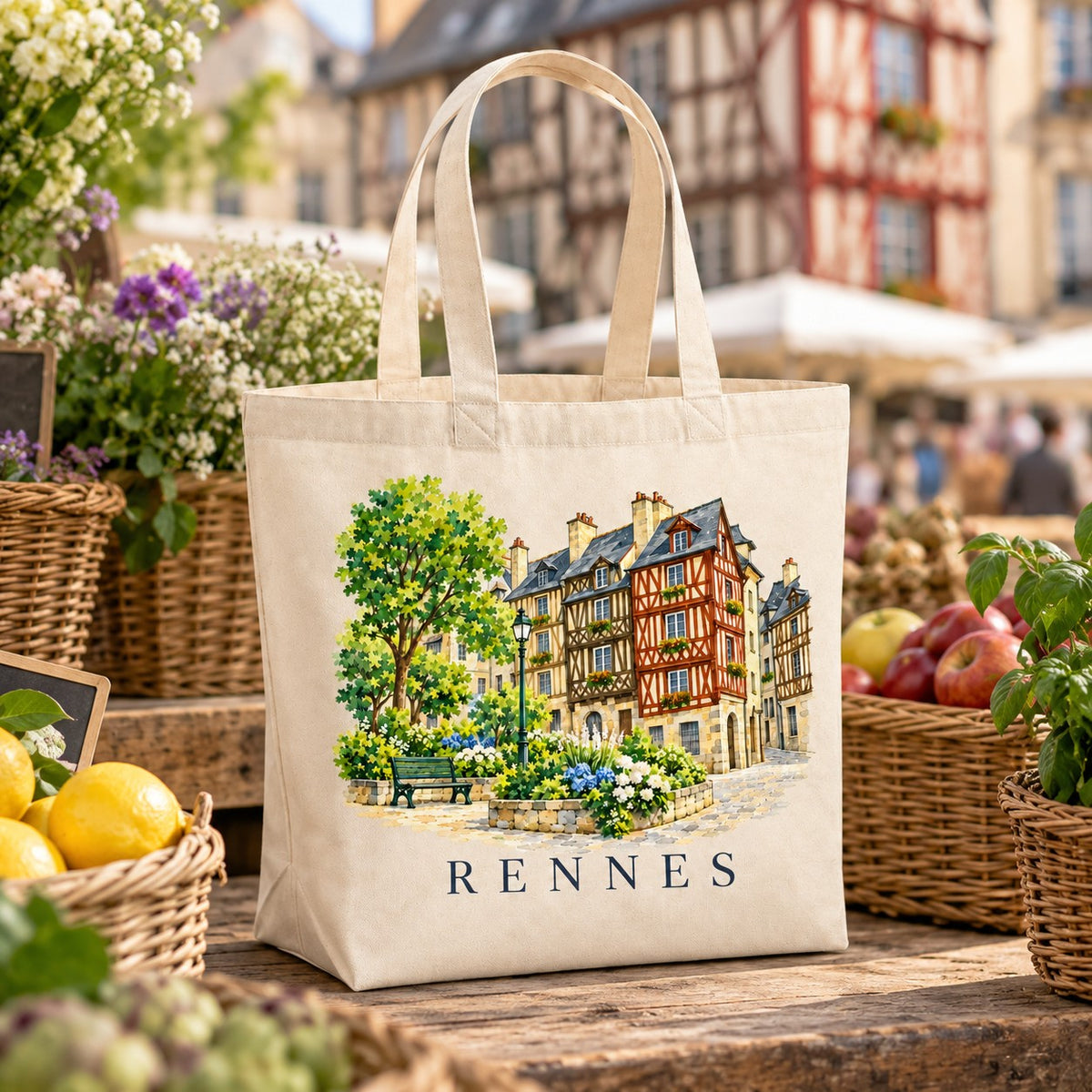 Tote bag Rennes Premium posé sur un étal de marché avec des citrons et des pommes