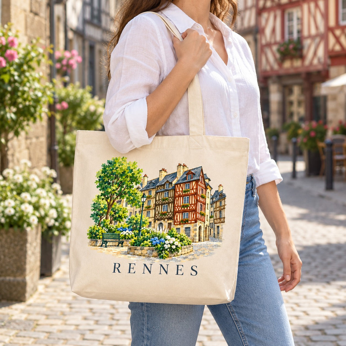 Tote bag Rennes Premium porté à l'épaule dans une rue pavée bordée de maisons à colombages