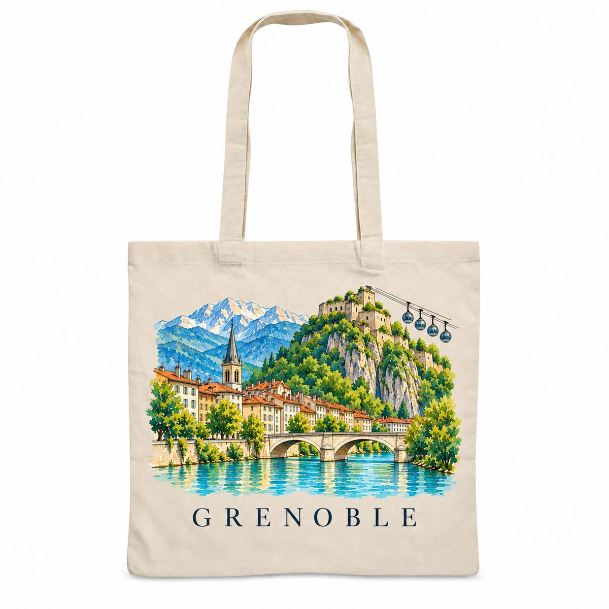 Tote bag Grenoble Essentiel, sac plat en coton naturel 140 g/m² de 38 × 42 cm, illustration aquarelle du fort de la Bastille, des bulles du téléphérique et des Alpes