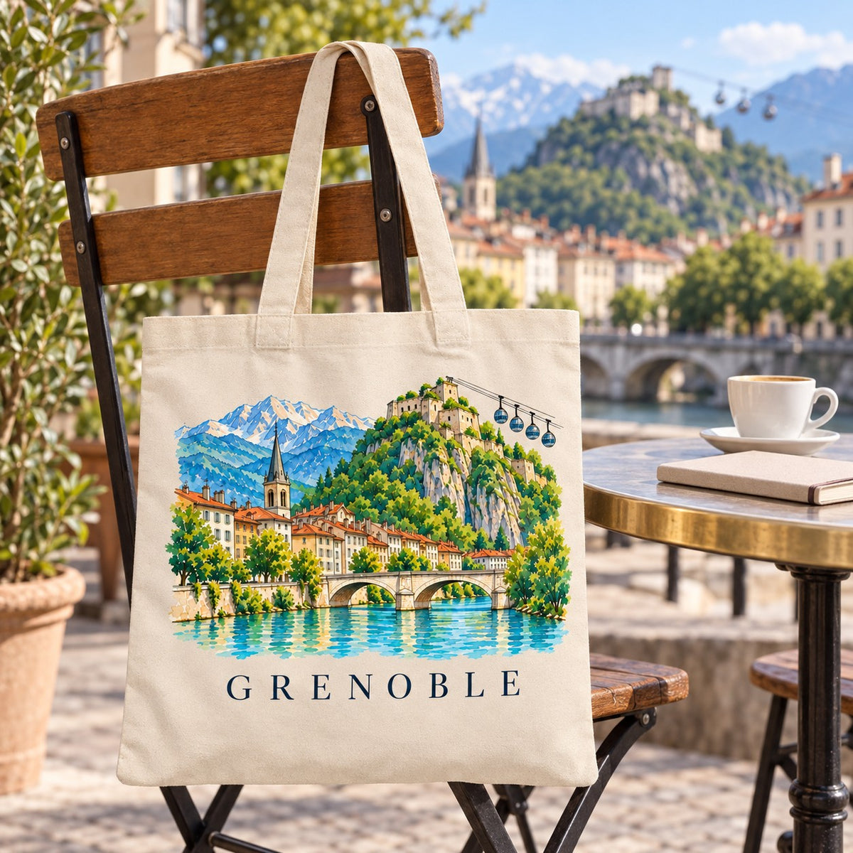 Tote bag Grenoble Essentiel suspendu à une chaise en terrasse face aux montagnes, avec un café et un livre
